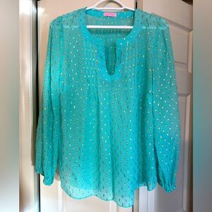 Lilly Pulitzer Colby Aqua Blue Gold Metallic Clip Dot Sheer Silk Top Size M.